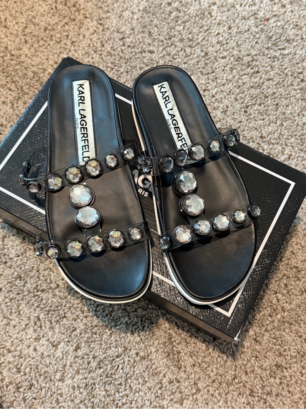 Karl Lagerfeld Belinda Black Embellished Slide Sandals, US8 (Narrow Fit)